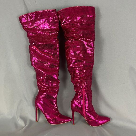 Womens Knee High Boots 6 Metallic Pink Sequin Pointed Toe Stiletto Heel Side Zip - Picture 2 of 11